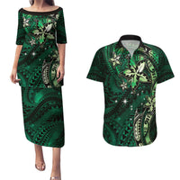 Hawaii Makahiki Season Couples Matching Puletasi and Hawaiian Shirt Floral Tribal Tattoo Green Galaxy LT05 Green - Polynesian Pride