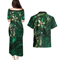 Hawaii Makahiki Season Couples Matching Puletasi and Hawaiian Shirt Floral Tribal Tattoo Green Galaxy LT05 - Polynesian Pride