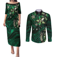 Hawaii Makahiki Season Couples Matching Puletasi and Long Sleeve Button Shirt Floral Tribal Tattoo Green Galaxy LT05 Green - Polynesian Pride