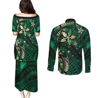 Hawaii Makahiki Season Couples Matching Puletasi and Long Sleeve Button Shirt Floral Tribal Tattoo Green Galaxy LT05 - Polynesian Pride