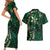 Hawaii Makahiki Season Couples Matching Short Sleeve Bodycon Dress and Hawaiian Shirt Floral Tribal Tattoo Green Galaxy