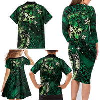 Hawaii Makahiki Season Family Matching Long Sleeve Bodycon Dress and Hawaiian Shirt Floral Tribal Tattoo Green Galaxy
