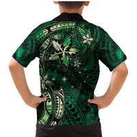Hawaii Makahiki Season Family Matching Mermaid Dress and Hawaiian Shirt Floral Tribal Tattoo Green Galaxy