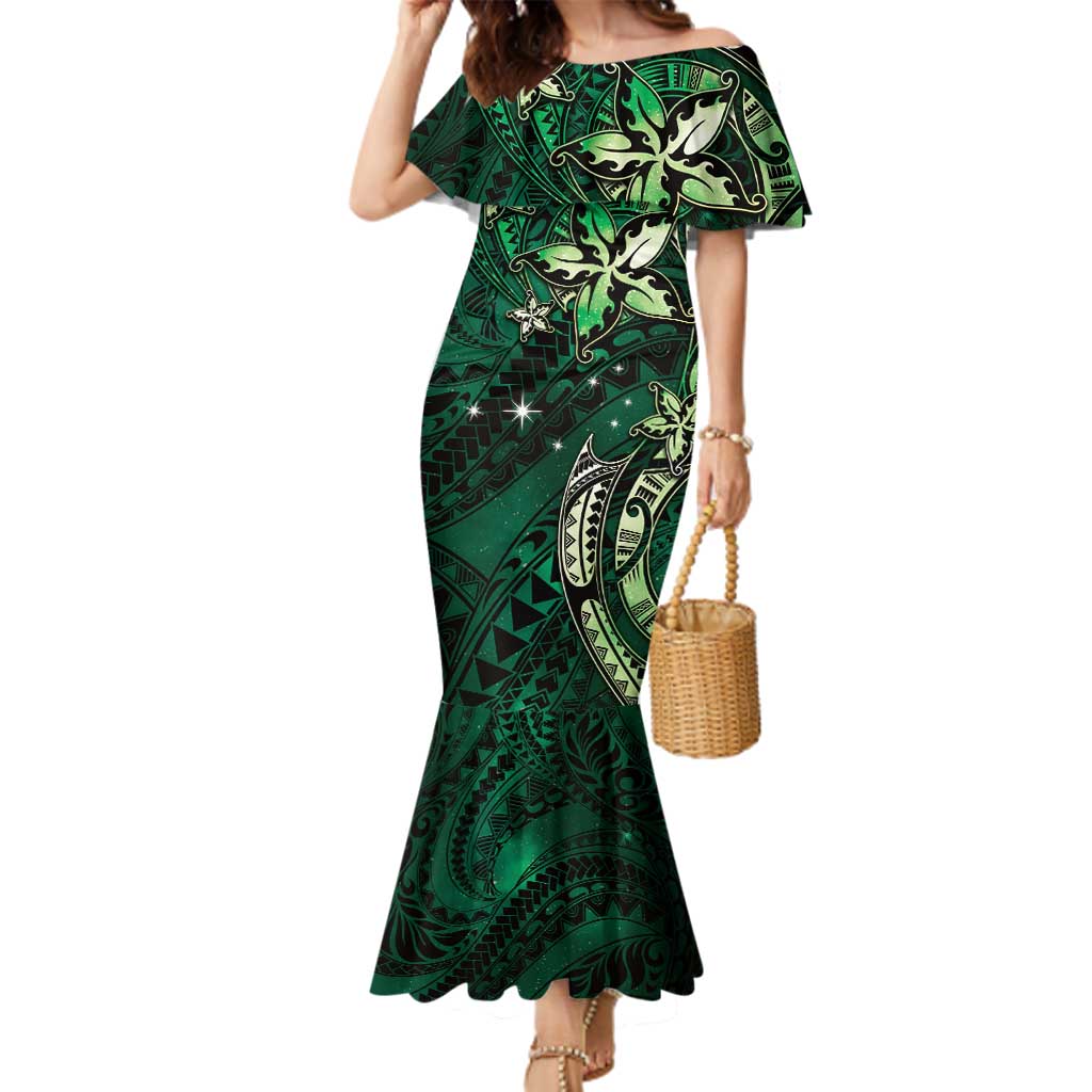 Hawaii Makahiki Season Family Matching Mermaid Dress and Hawaiian Shirt Floral Tribal Tattoo Green Galaxy