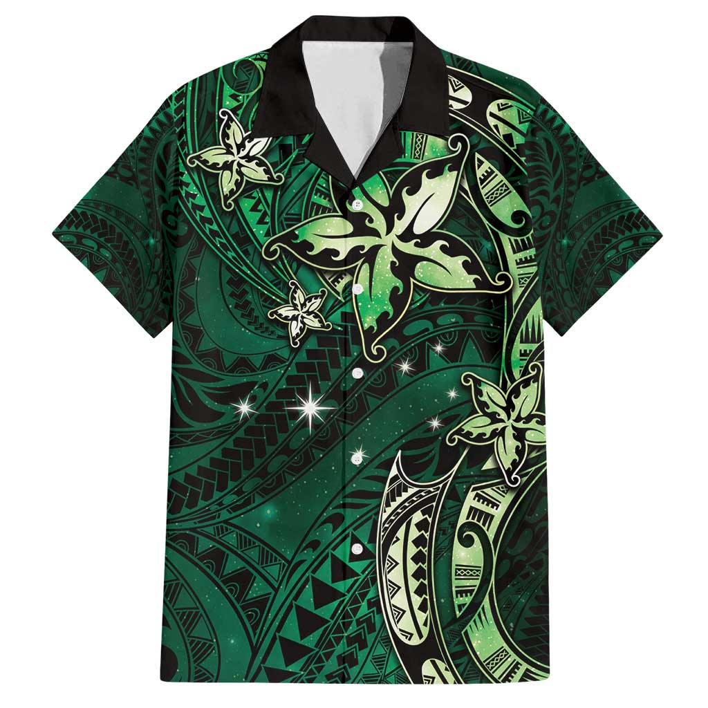 Hawaii Makahiki Season Family Matching Tank Maxi Dress and Hawaiian Shirt Floral Tribal Tattoo Green Galaxy