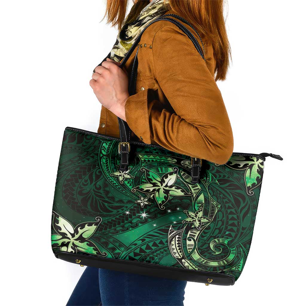 Hawaii Makahiki Season Leather Tote Bag Floral Tribal Tattoo Green Galaxy