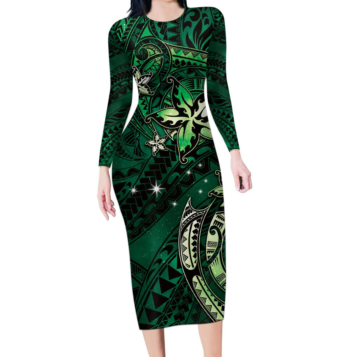 Hawaii Makahiki Season Long Sleeve Bodycon Dress Floral Tribal Tattoo Green Galaxy LT05 Long Dress Green - Polynesian Pride