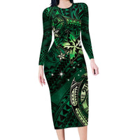 Hawaii Makahiki Season Long Sleeve Bodycon Dress Floral Tribal Tattoo Green Galaxy LT05 Long Dress Green - Polynesian Pride