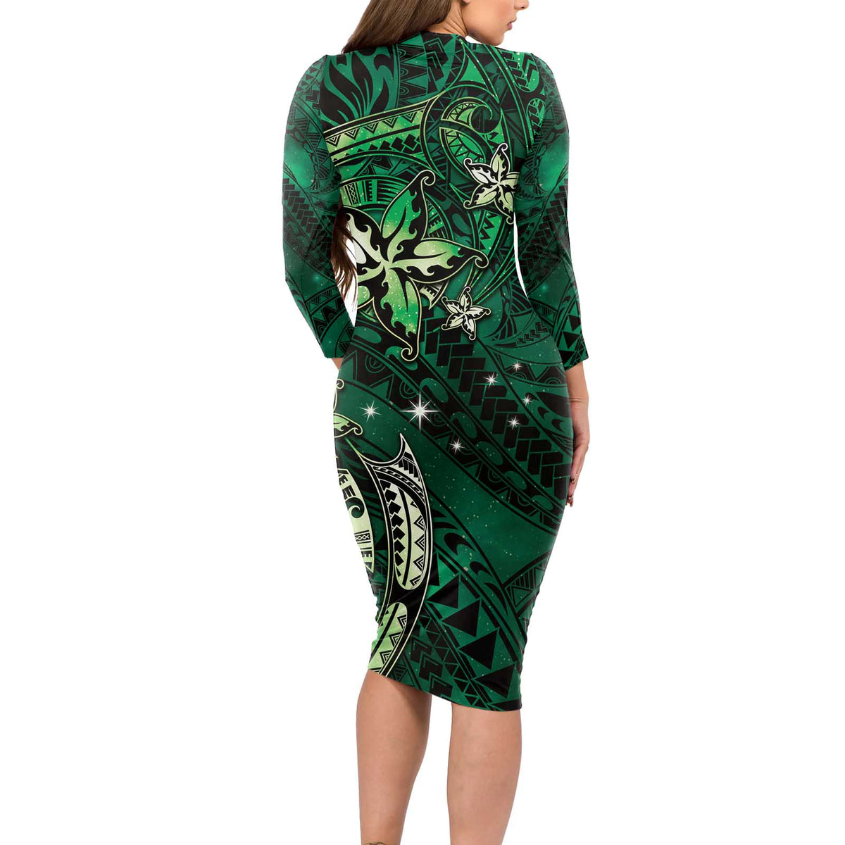 Hawaii Makahiki Season Long Sleeve Bodycon Dress Floral Tribal Tattoo Green Galaxy LT05 - Polynesian Pride