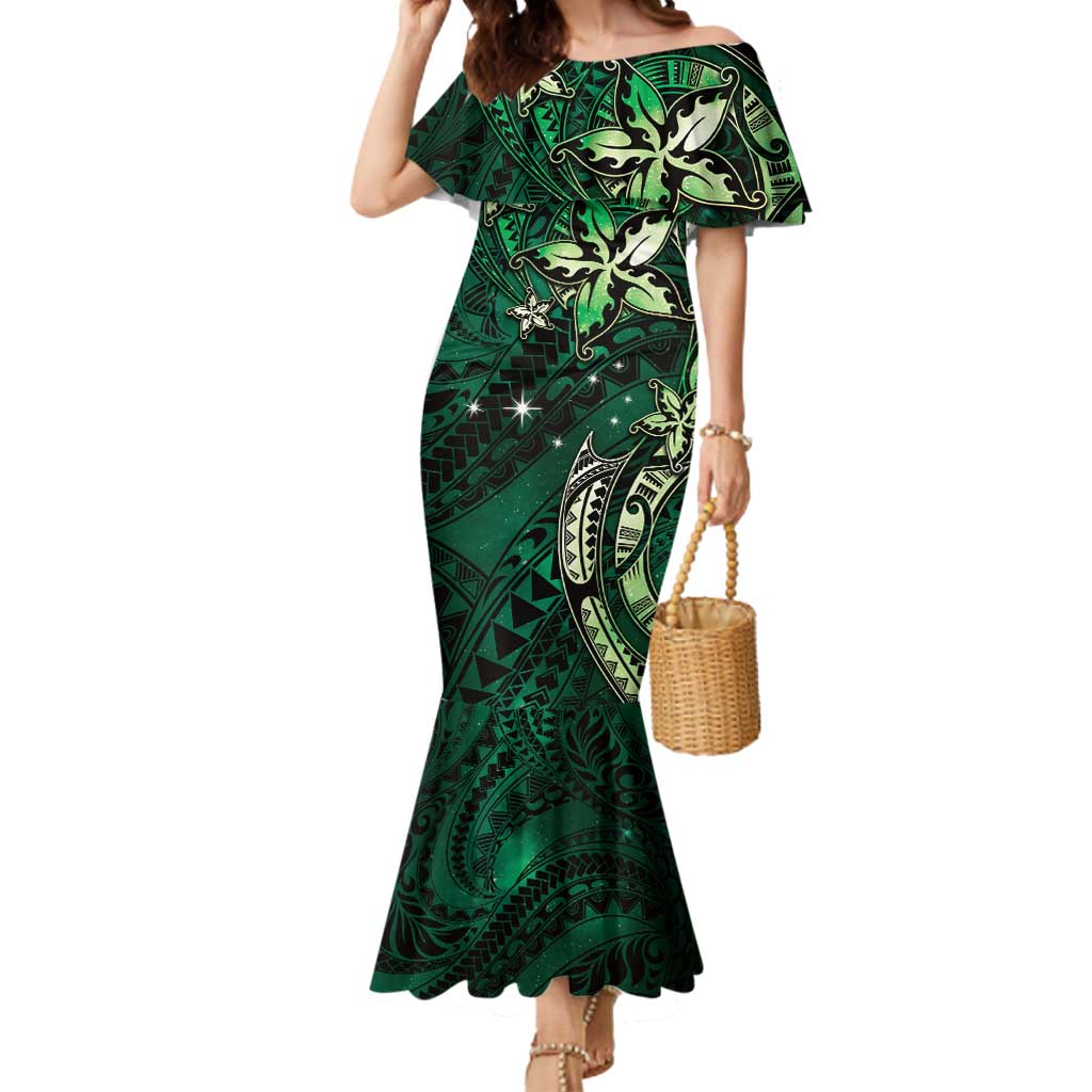 Hawaii Makahiki Season Mermaid Dress Floral Tribal Tattoo Green Galaxy LT05 Women Green - Polynesian Pride