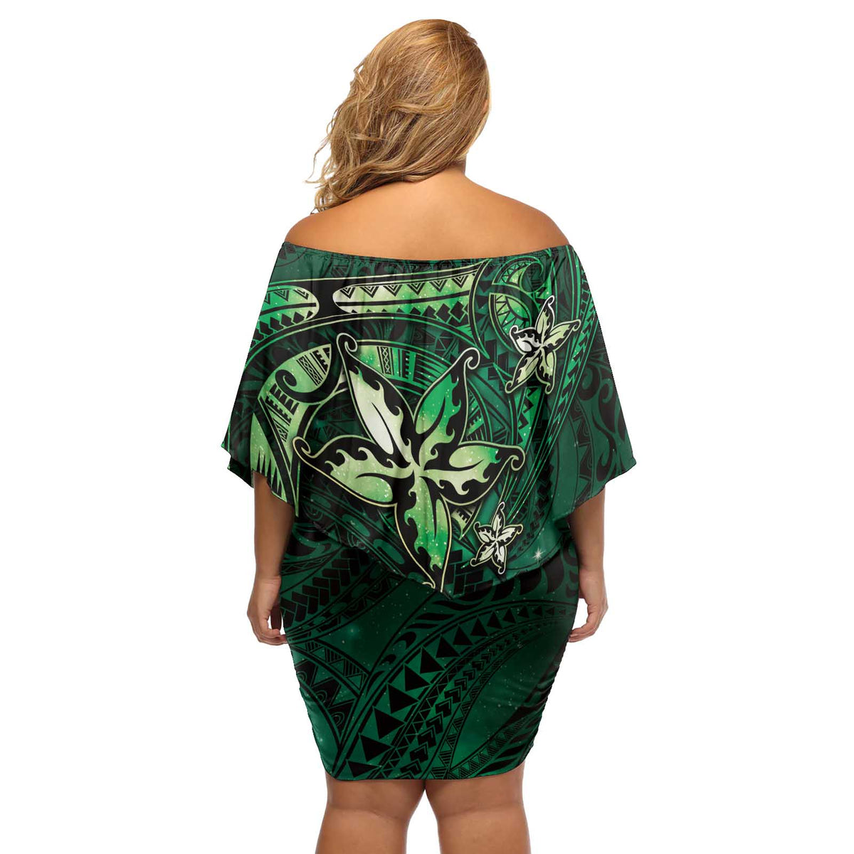 Hawaii Makahiki Season Off Shoulder Short Dress Floral Tribal Tattoo Green Galaxy