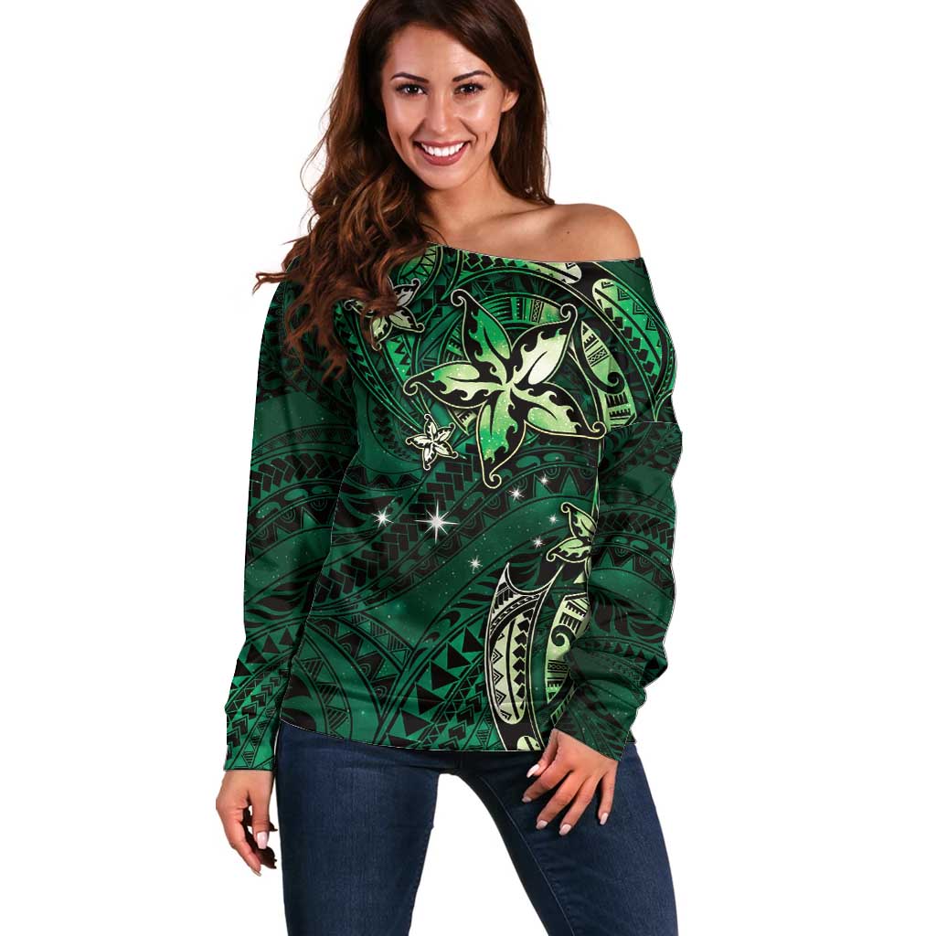 Hawaii Makahiki Season Off Shoulder Sweater Floral Tribal Tattoo Green Galaxy