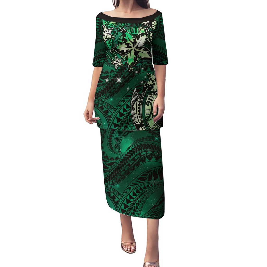 Hawaii Makahiki Season Puletasi Floral Tribal Tattoo Green Galaxy
