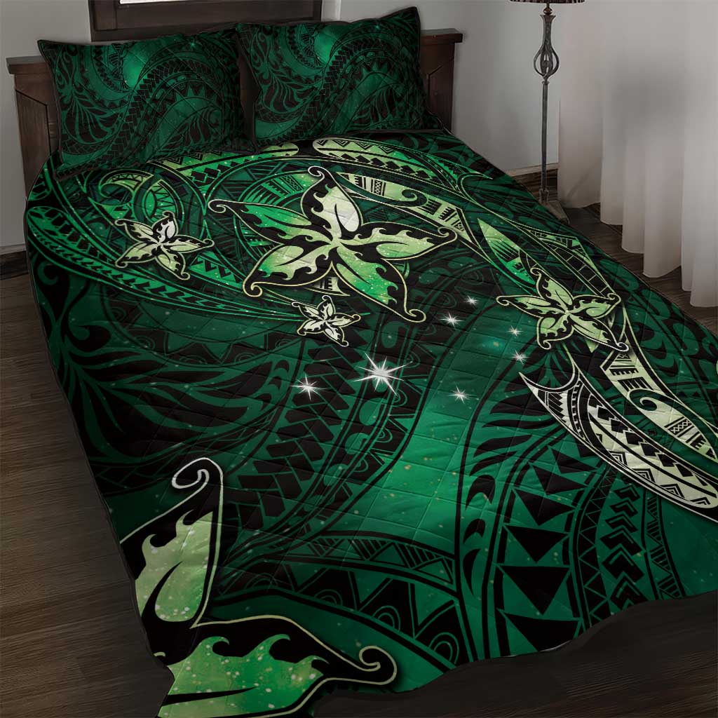 Hawaii Makahiki Season Quilt Bed Set Floral Tribal Tattoo Green Galaxy