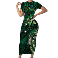 Hawaii Makahiki Season Short Sleeve Bodycon Dress Floral Tribal Tattoo Green Galaxy LT05 Long Dress Green - Polynesian Pride