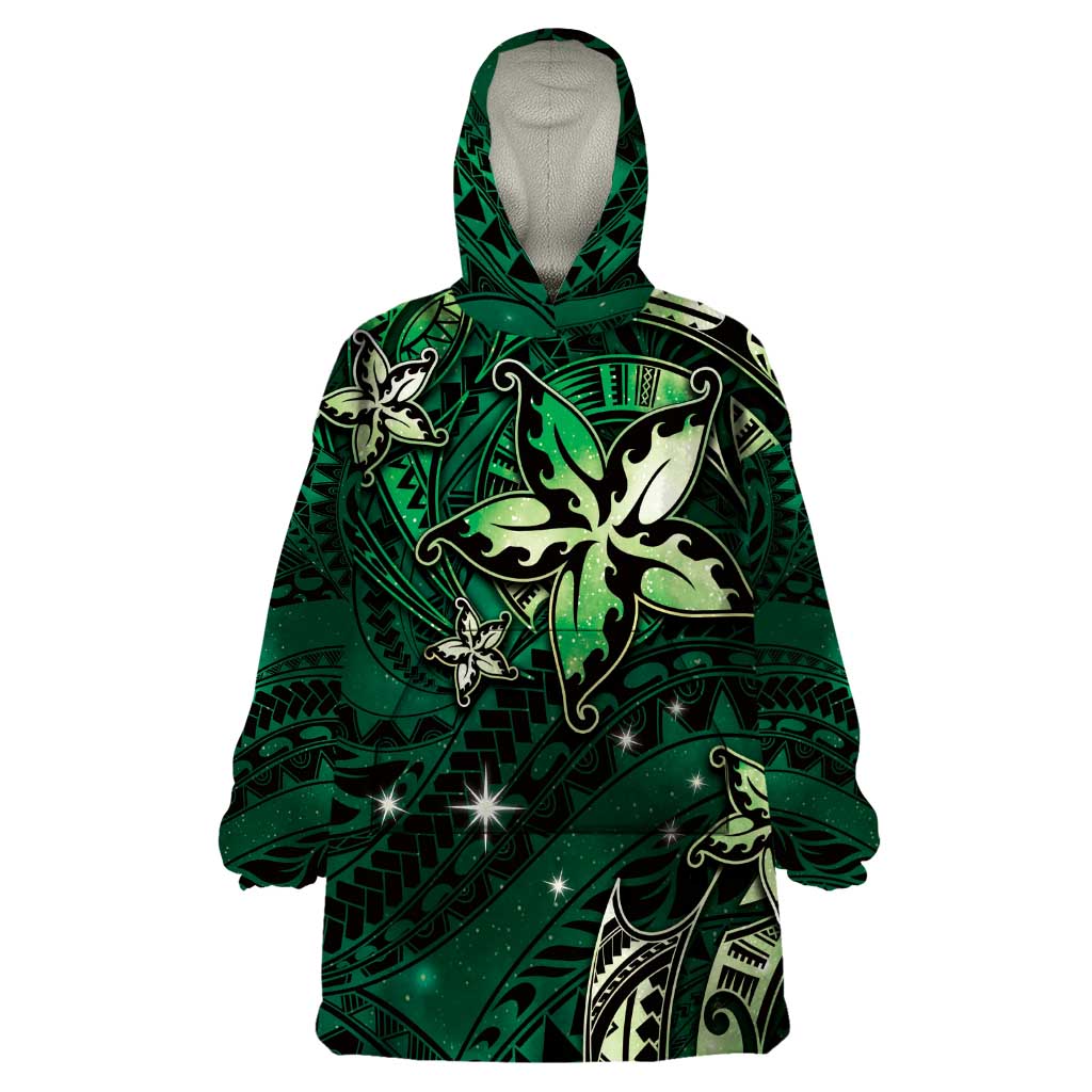 Hawaii Makahiki Season Wearable Blanket Hoodie Floral Tribal Tattoo Green Galaxy