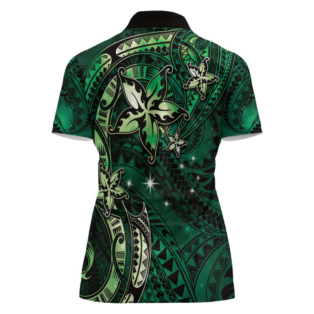 Hawaii Makahiki Season Women Polo Shirt Floral Tribal Tattoo Green Galaxy LT05 - Polynesian Pride