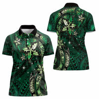 Hawaii Makahiki Season Women Polo Shirt Floral Tribal Tattoo Green Galaxy LT05 - Polynesian Pride