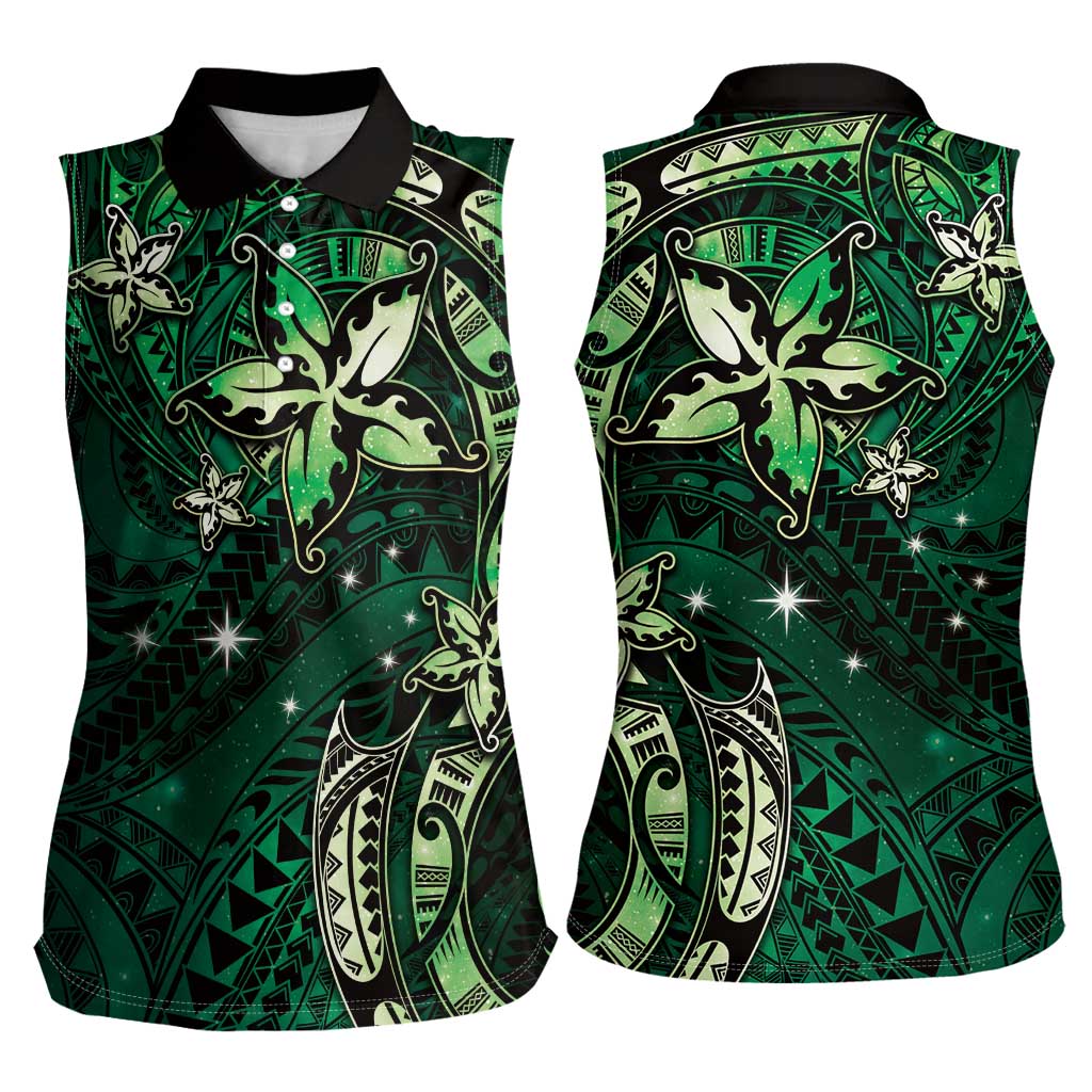 Hawaii Makahiki Season Women Sleeveless Polo Shirt Floral Tribal Tattoo Green Galaxy LT05 - Polynesian Pride