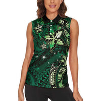 Hawaii Makahiki Season Women Sleeveless Polo Shirt Floral Tribal Tattoo Green Galaxy LT05 - Polynesian Pride