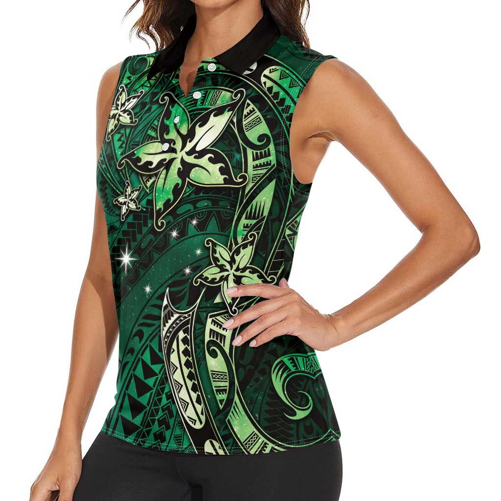 Hawaii Makahiki Season Women Sleeveless Polo Shirt Floral Tribal Tattoo Green Galaxy LT05 - Polynesian Pride