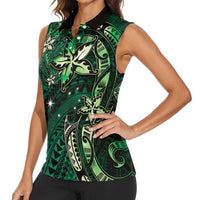 Hawaii Makahiki Season Women Sleeveless Polo Shirt Floral Tribal Tattoo Green Galaxy LT05 - Polynesian Pride
