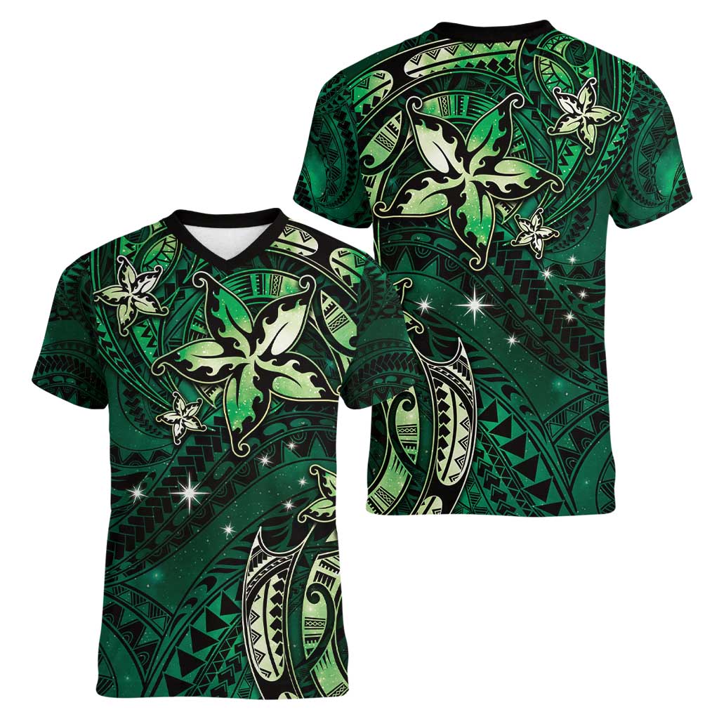 Hawaii Makahiki Season Women V-Neck T-Shirt Floral Tribal Tattoo Green Galaxy LT05 - Polynesian Pride