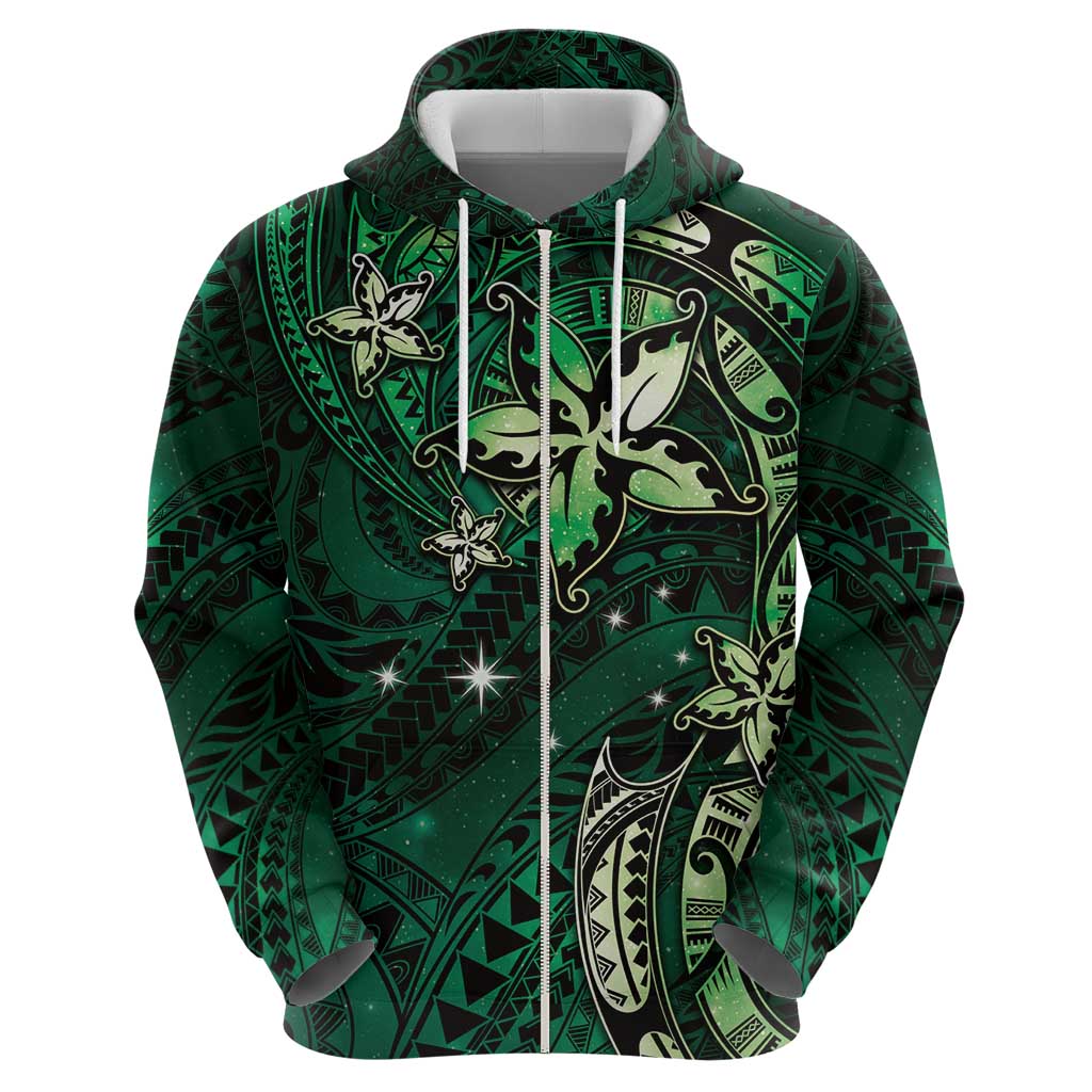 Hawaii Makahiki Season Zip Hoodie Floral Tribal Tattoo Green Galaxy