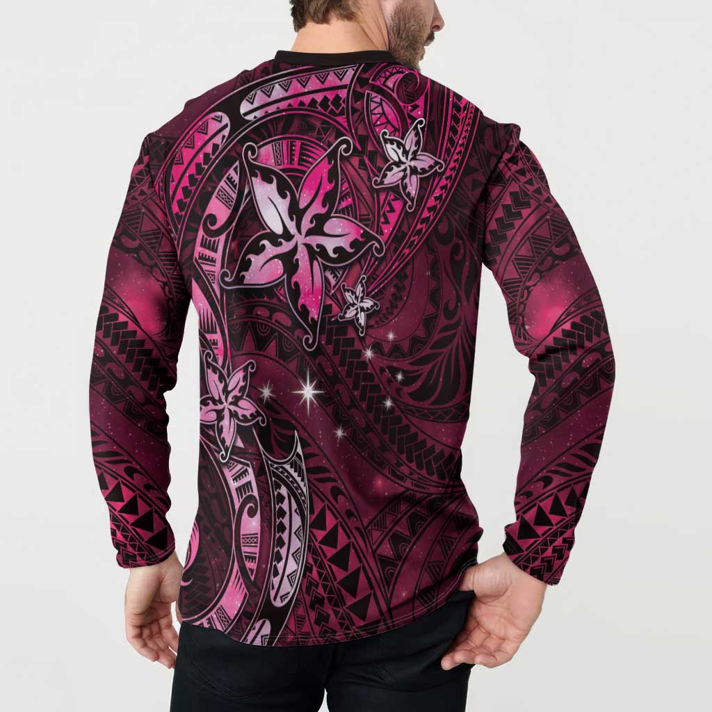 Hawaii Makahiki Season Button Sweatshirt Floral Tribal Tattoo Pink Galaxy