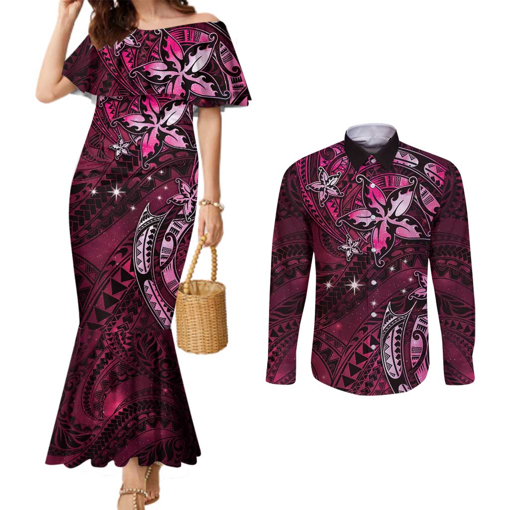 Hawaii Makahiki Season Couples Matching Mermaid Dress and Long Sleeve Button Shirt Floral Tribal Tattoo Pink Galaxy