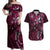 Hawaii Makahiki Season Couples Matching Off Shoulder Maxi Dress and Hawaiian Shirt Floral Tribal Tattoo Pink Galaxy