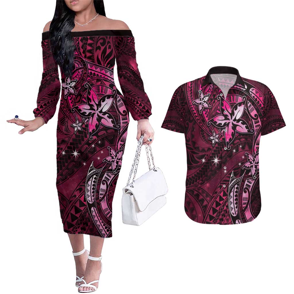 Hawaii Makahiki Season Couples Matching Off The Shoulder Long Sleeve Dress and Hawaiian Shirt Floral Tribal Tattoo Pink Galaxy