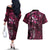 Hawaii Makahiki Season Couples Matching Off The Shoulder Long Sleeve Dress and Hawaiian Shirt Floral Tribal Tattoo Pink Galaxy