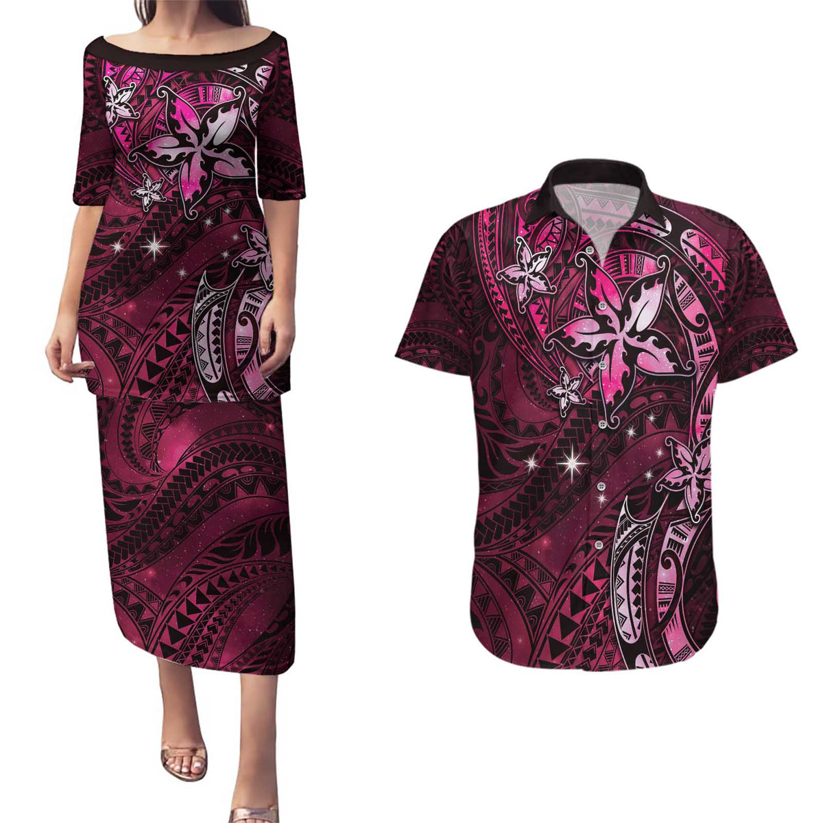 Hawaii Makahiki Season Couples Matching Puletasi and Hawaiian Shirt Floral Tribal Tattoo Pink Galaxy LT05 Pink - Polynesian Pride