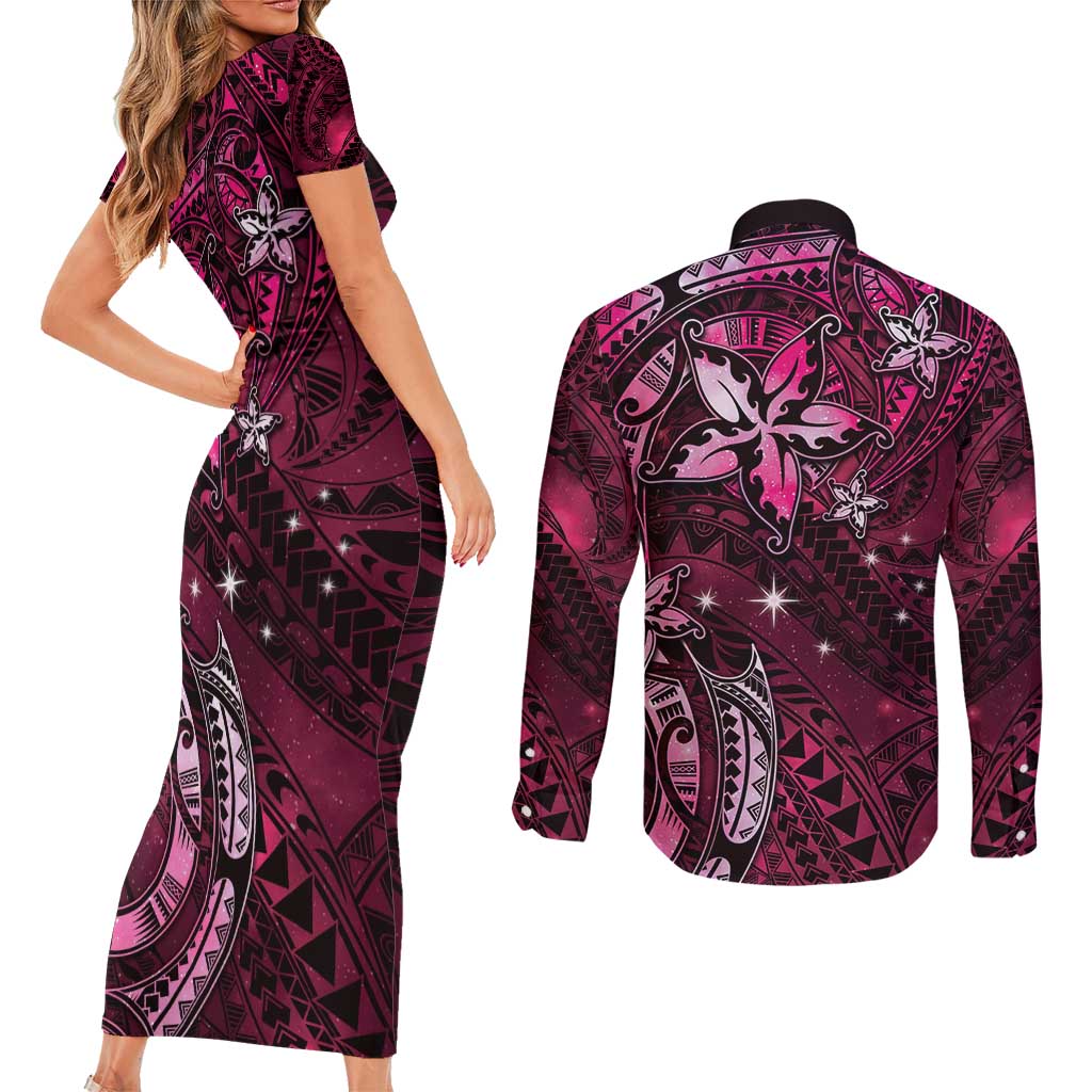 Hawaii Makahiki Season Couples Matching Short Sleeve Bodycon Dress and Long Sleeve Button Shirt Floral Tribal Tattoo Pink Galaxy