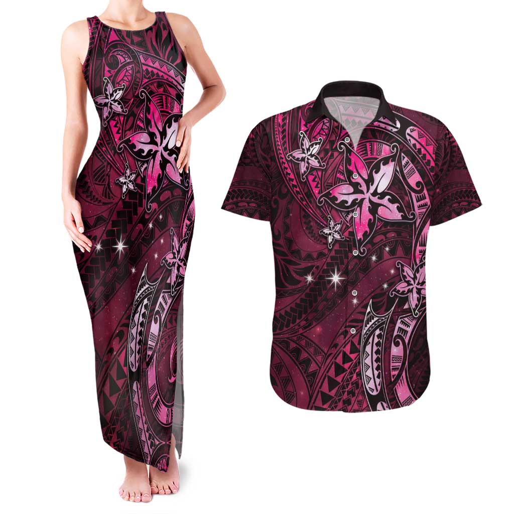 Hawaii Makahiki Season Couples Matching Tank Maxi Dress and Hawaiian Shirt Floral Tribal Tattoo Pink Galaxy
