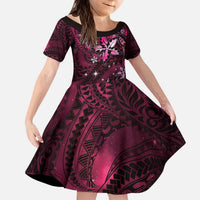 Hawaii Makahiki Season Family Matching Puletasi and Hawaiian Shirt Floral Tribal Tattoo Pink Galaxy LT05 Daughter's Dress Pink - Polynesian Pride