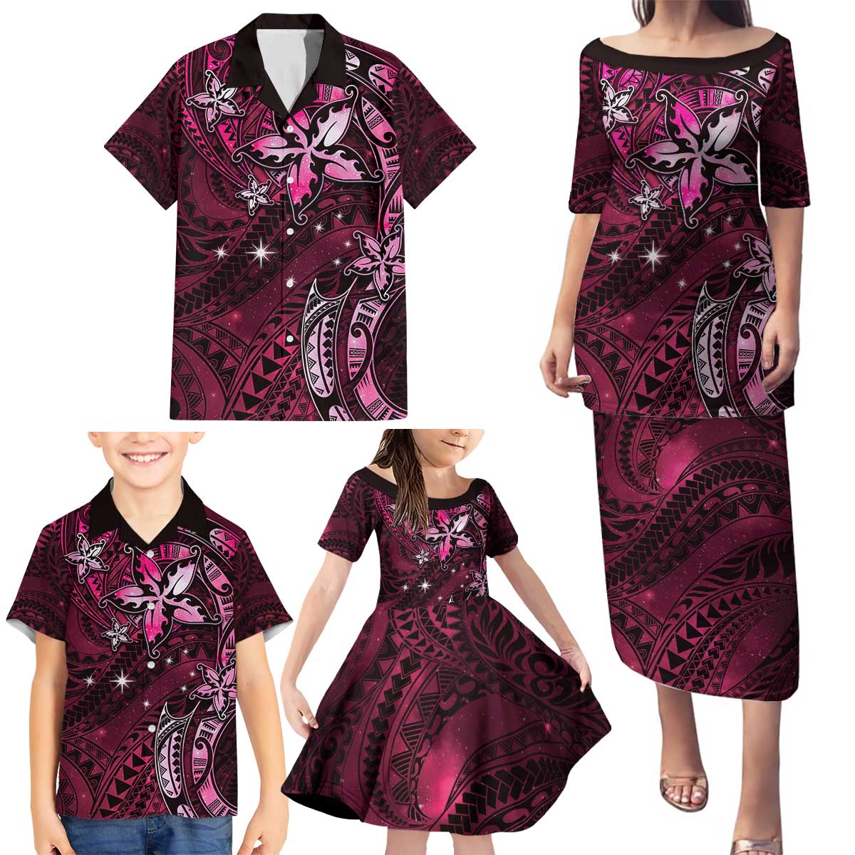 Hawaii Makahiki Season Family Matching Puletasi and Hawaiian Shirt Floral Tribal Tattoo Pink Galaxy LT05 - Polynesian Pride