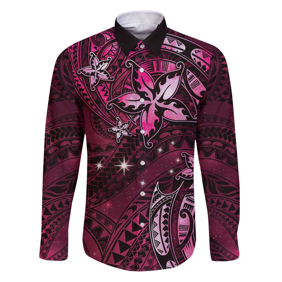 Hawaii Makahiki Season Family Matching Puletasi and Hawaiian Shirt Floral Tribal Tattoo Pink Galaxy LT05 Dad's Shirt - Long Sleeve Pink - Polynesian Pride