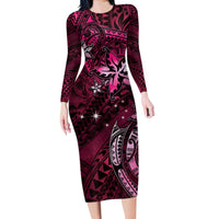 Hawaii Makahiki Season Long Sleeve Bodycon Dress Floral Tribal Tattoo Pink Galaxy LT05 Long Dress Pink - Polynesian Pride