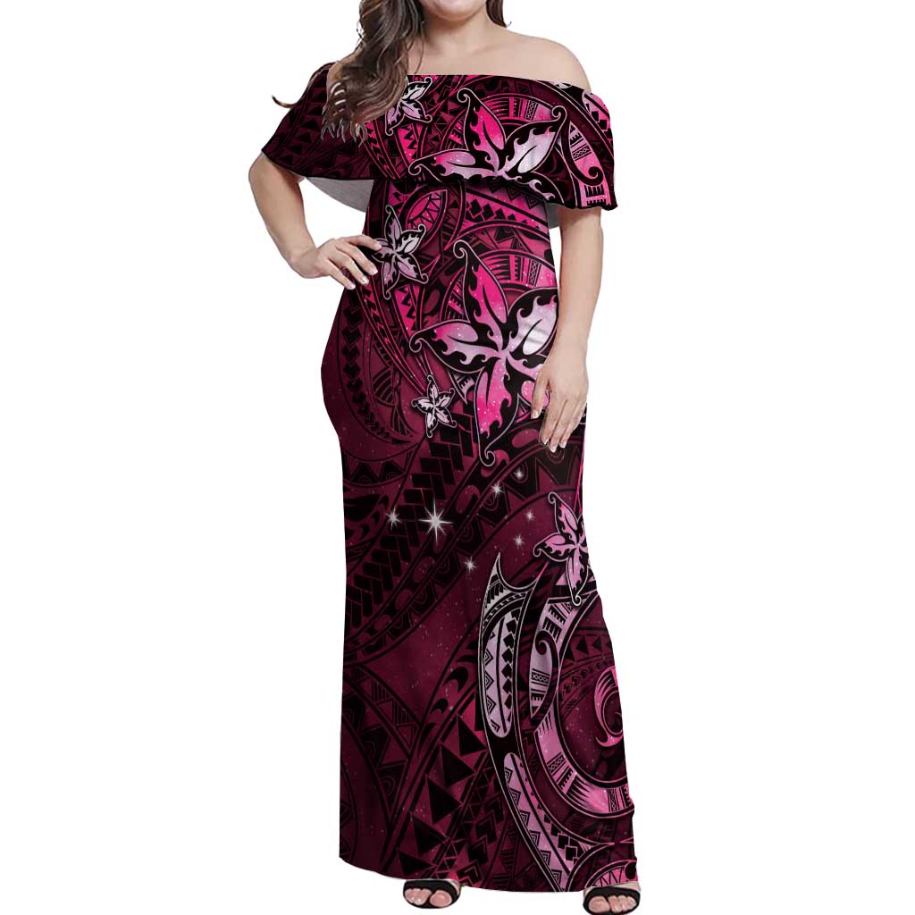 Hawaii Makahiki Season Off Shoulder Maxi Dress Floral Tribal Tattoo Pink Galaxy