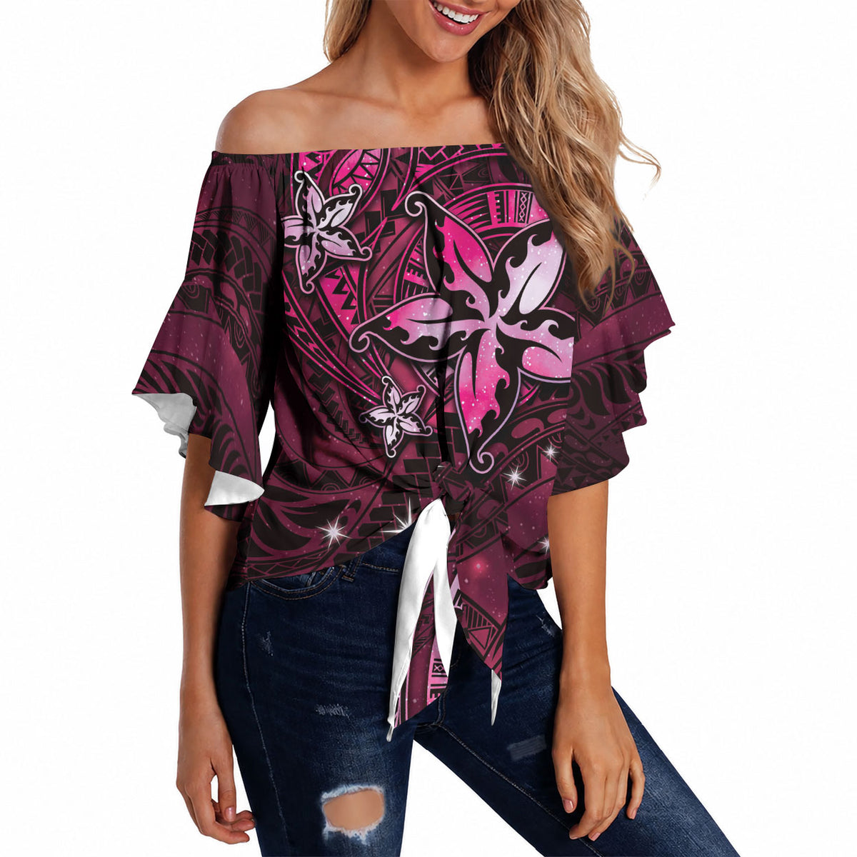 Hawaii Makahiki Season Off Shoulder Wrap Waist Top Floral Tribal Tattoo Pink Galaxy LT05 - Polynesian Pride