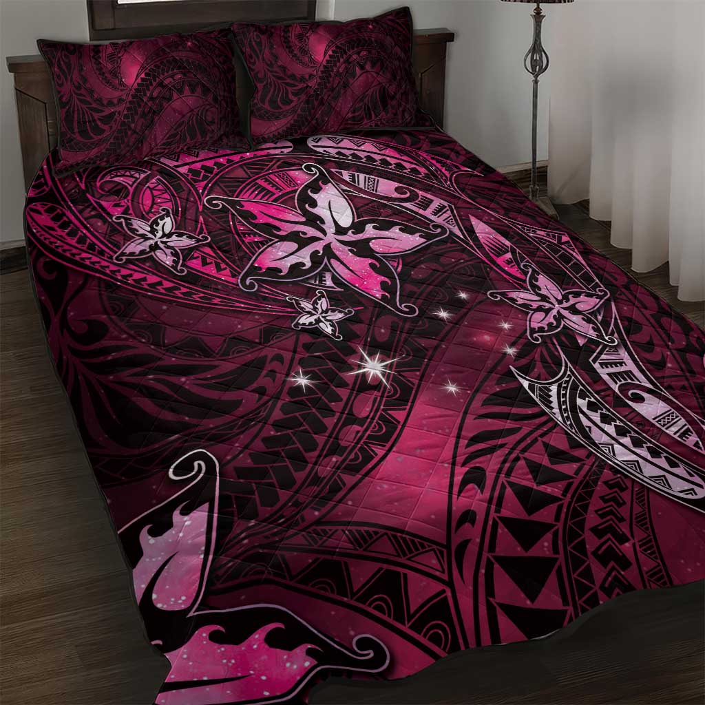 Hawaii Makahiki Season Quilt Bed Set Floral Tribal Tattoo Pink Galaxy