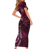 Hawaii Makahiki Season Short Sleeve Bodycon Dress Floral Tribal Tattoo Pink Galaxy LT05 - Polynesian Pride