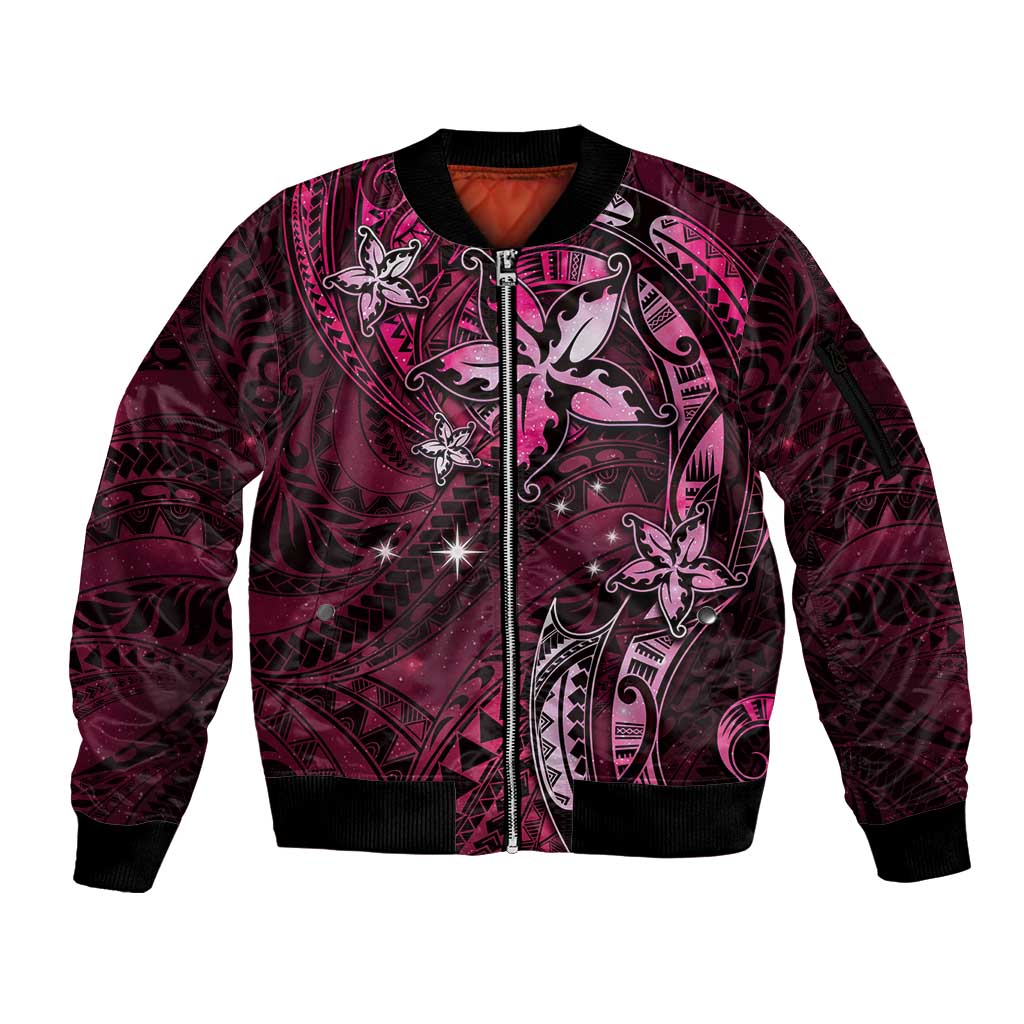 Hawaii Makahiki Season Sleeve Zip Bomber Jacket Floral Tribal Tattoo Pink Galaxy