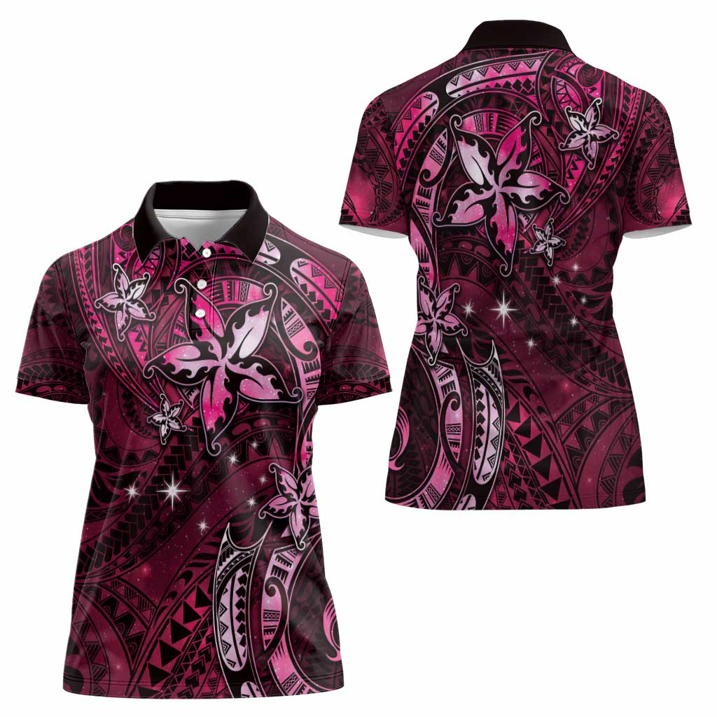 Hawaii Makahiki Season Women Polo Shirt Floral Tribal Tattoo Pink Galaxy LT05 - Polynesian Pride
