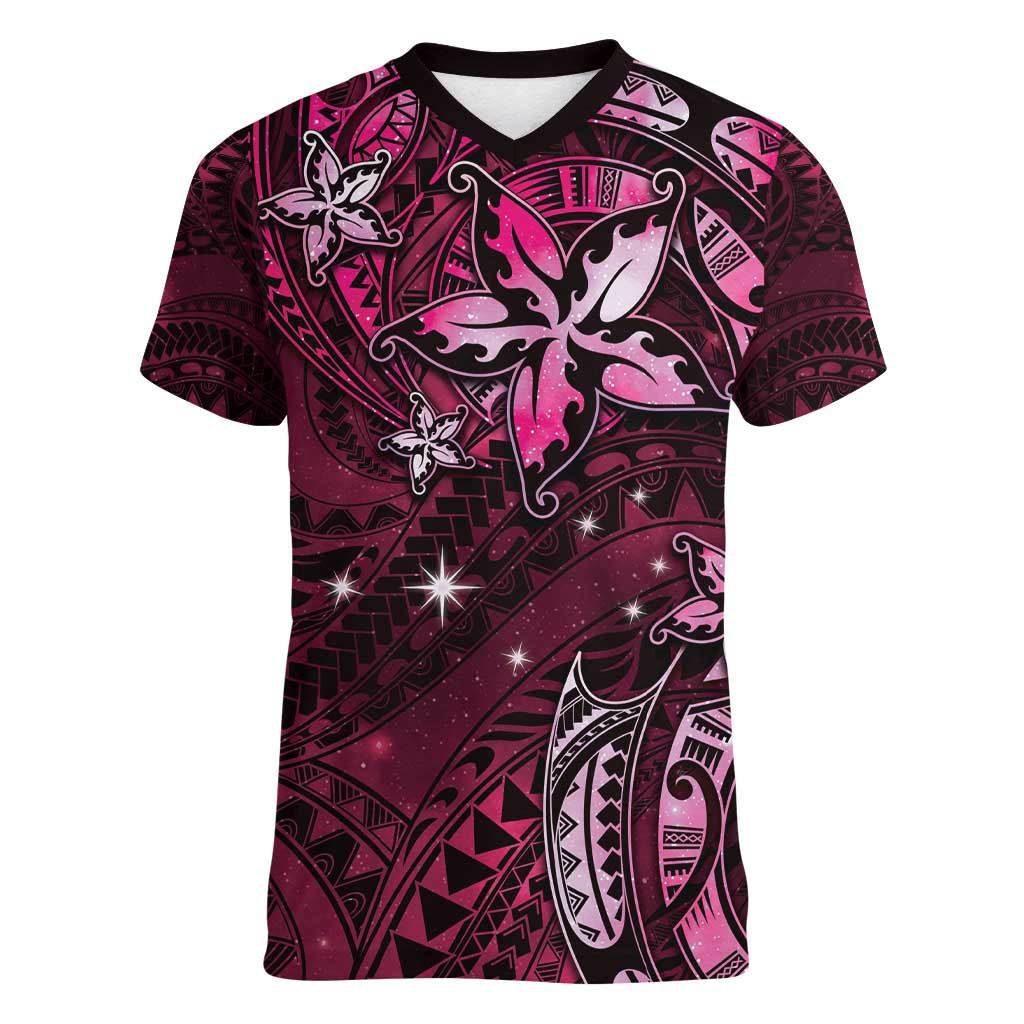 Hawaii Makahiki Season Women V-Neck T-Shirt Floral Tribal Tattoo Pink Galaxy LT05 Female Pink - Polynesian Pride