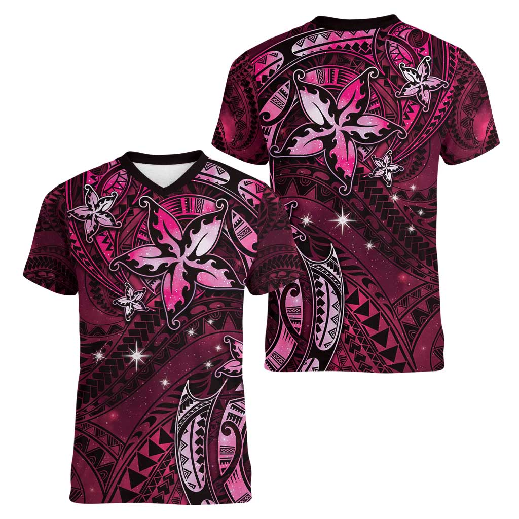 Hawaii Makahiki Season Women V-Neck T-Shirt Floral Tribal Tattoo Pink Galaxy LT05 - Polynesian Pride