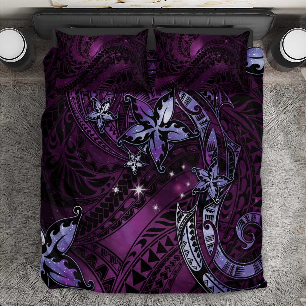 Hawaii Makahiki Season Bedding Set Floral Tribal Tattoo Purple Galaxy