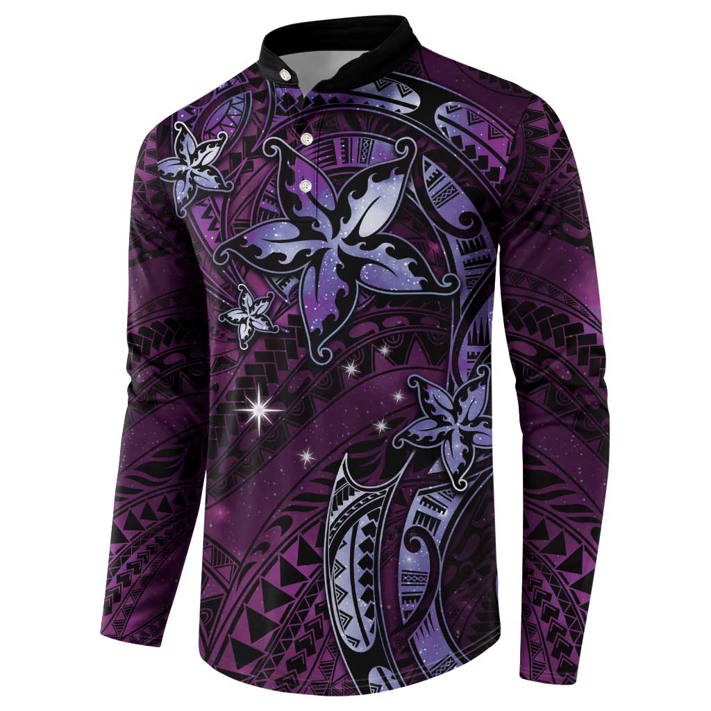 Hawaii Makahiki Season Button Sweatshirt Floral Tribal Tattoo Purple Galaxy